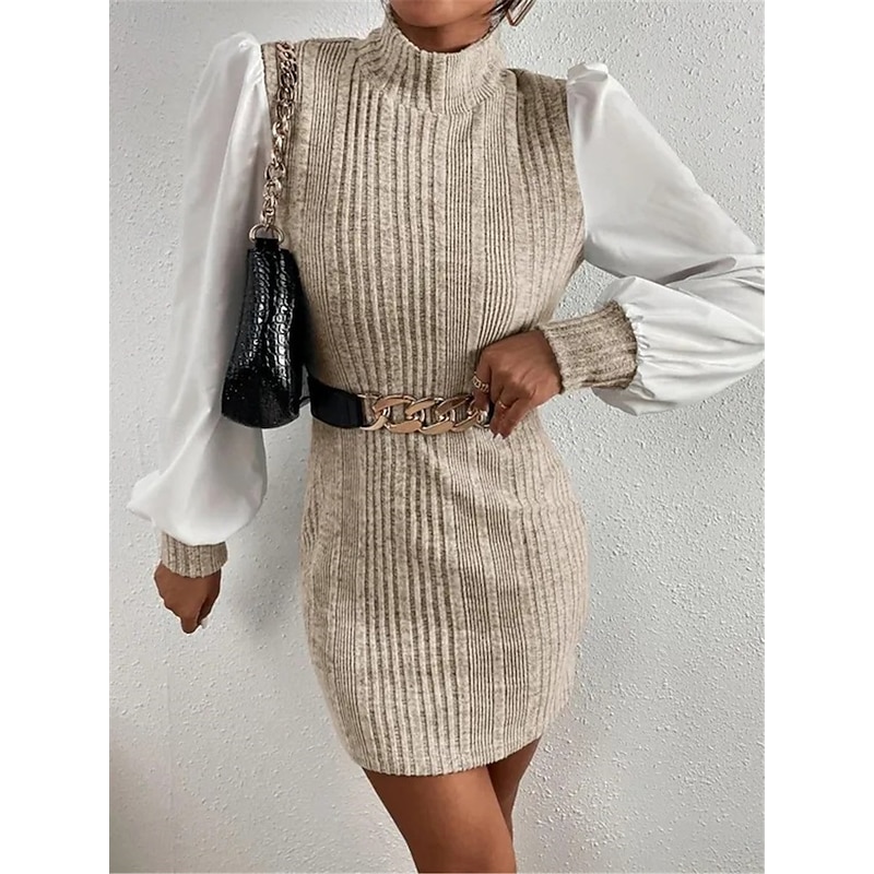 Women's Casual Dress Mini Dress Patchwork Casual Stand Collar Long Sleeve Brown Beige Color