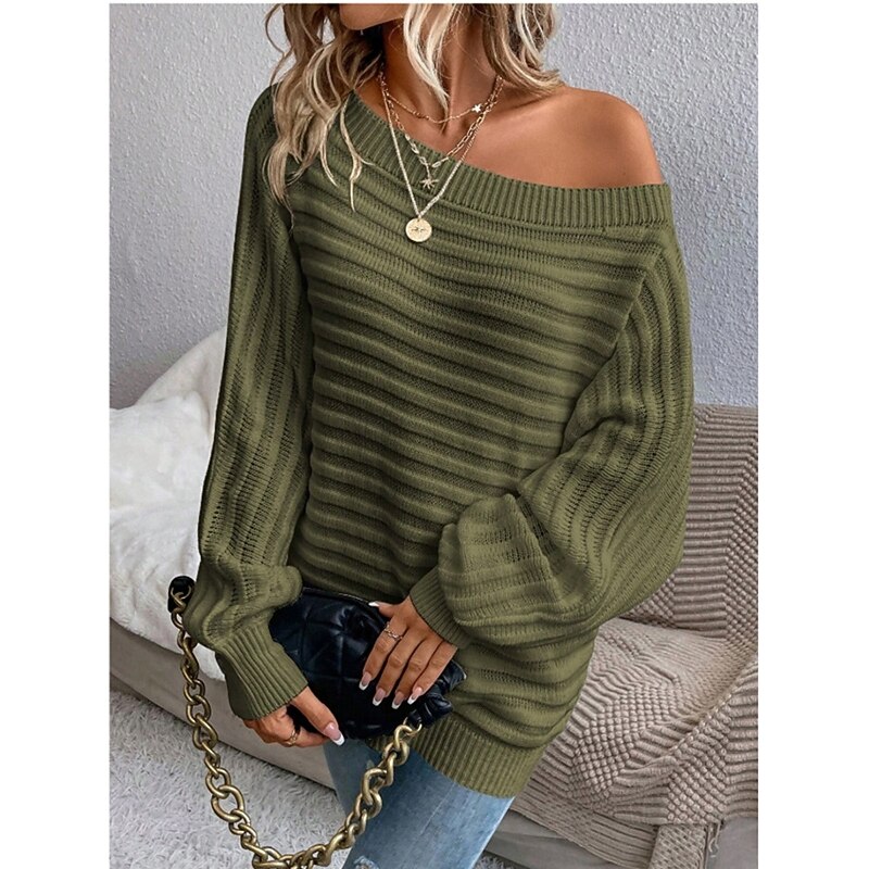 Women's Sweater Casual Soft Pure Color Ribbed Boat Neck Knitted Long Sleeve Regular Tops Knit Outdoor Daily Weekend Black White Fall Winter4