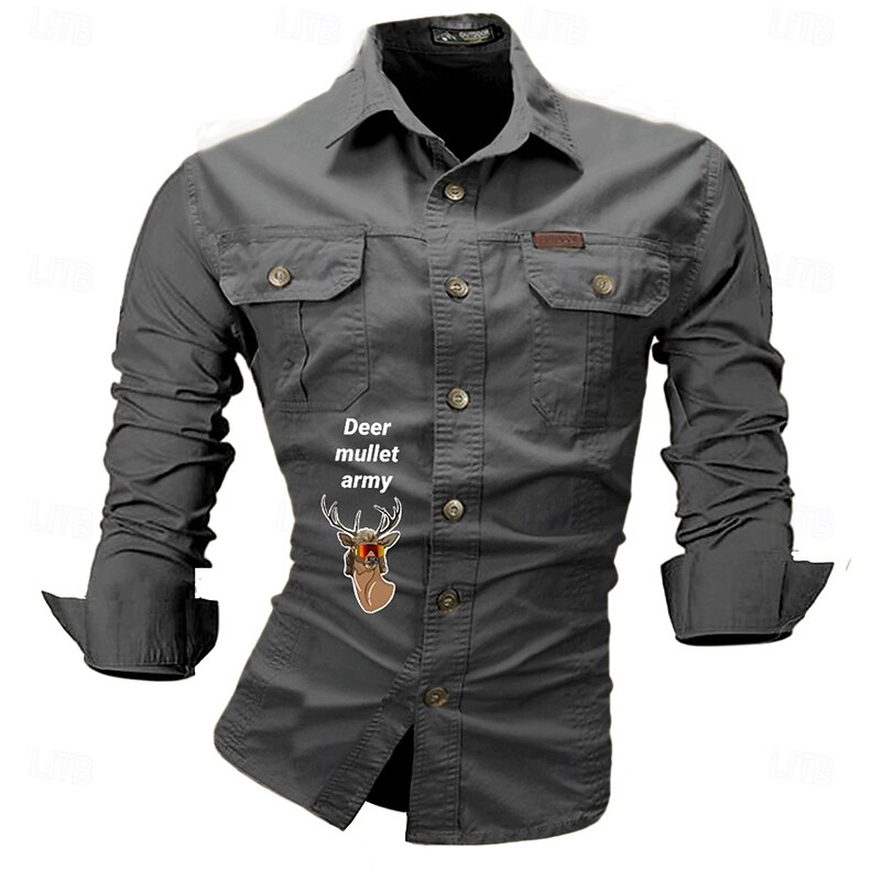 Men's Letter Printed Deer Work Shirt Western Shirt Cargo Shirt Long Sleeve Western Casual Sports & Outdoor Going out Hunting Spring Fall Turndown Print Black White Army Green Red Blue3