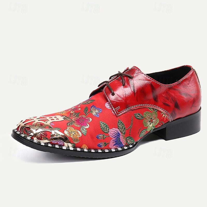 Men's Red Floral Lace-Up Oxford Shoes – Premium Cowhide Leather with Metal Toe Cap, Stylish Design for Weddings, Parties, and Special Occasions3