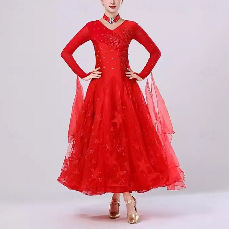 Ballroom Dance Competition Dress Women's Performance Modern  Tango Waltz Dance Costumes Long Sleeves2
