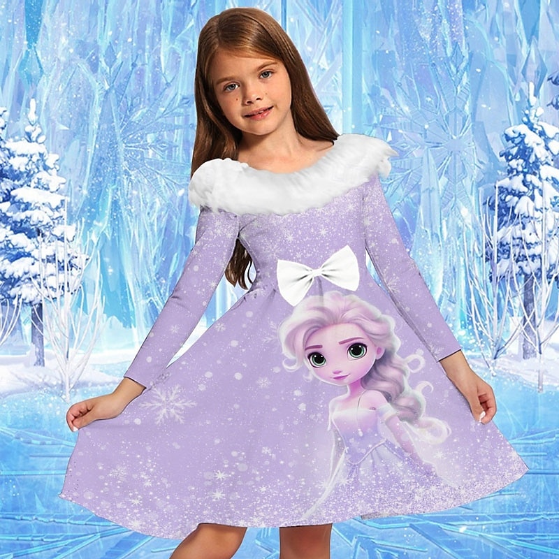 Girls' 3D Graphic Cartoon Snowflake Dress Ruffle Dress Long Sleeve Spring Fall Vacation Daily Holiday Beautiful Sweet Kids 4-12 Years Party Dress A Line Dress Knee-length Regular Fit3
