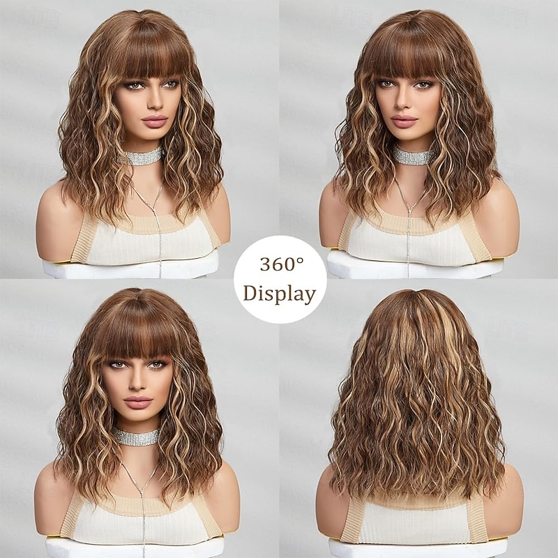 Short Wig Shoulder Length Bob Curly Wavy Wig With Bangs for Women Charming Heat-resistant Synthetic Hair Wigs for Date Daily Use2