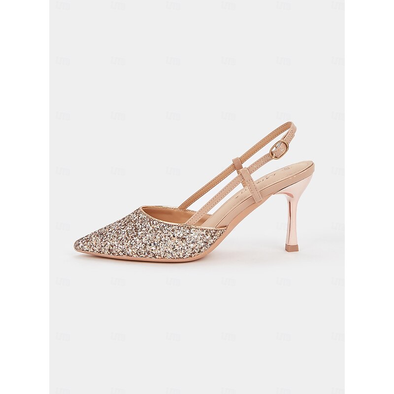 Sparkly Rose Gold Slingback Heels with Adjustable Ankle Strap and Kitten Heels for Women - Ideal for Weddings and Special Occasions3