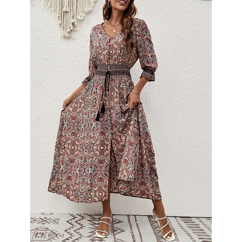 Women's Maxi Dress Casual Dress Swing Dress A Line Dress Boho Dress Casual Daily Regular Fit Floral Paisley Half Sleeve V Neck Blue Brown Summer Spring Fall4