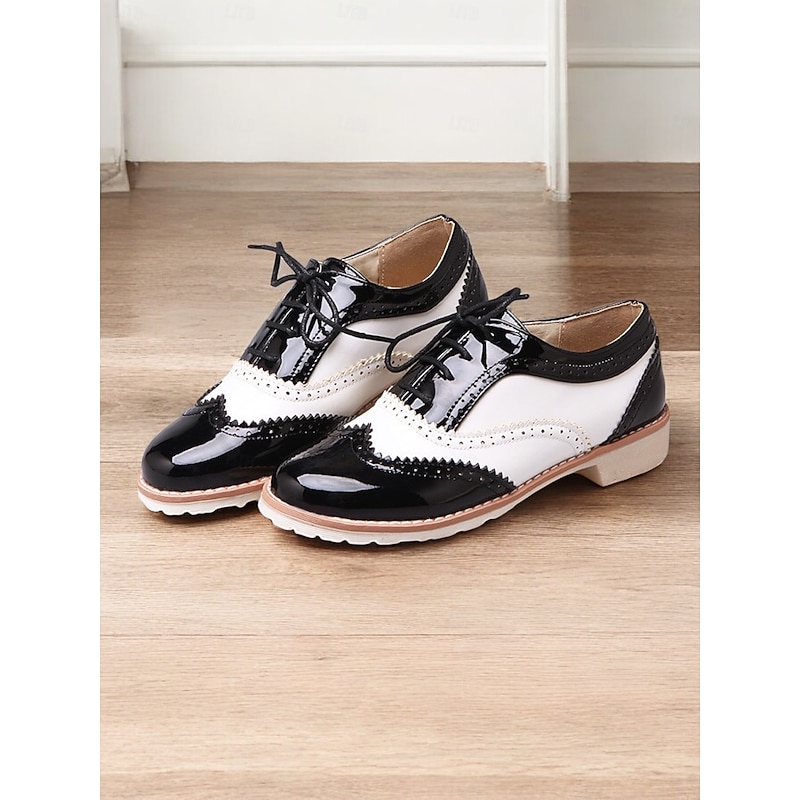 Women's Beige and White Oxford Brogue Shoes - Vintage Lace-Up Low Heel Casual Shoes for Everyday Wear