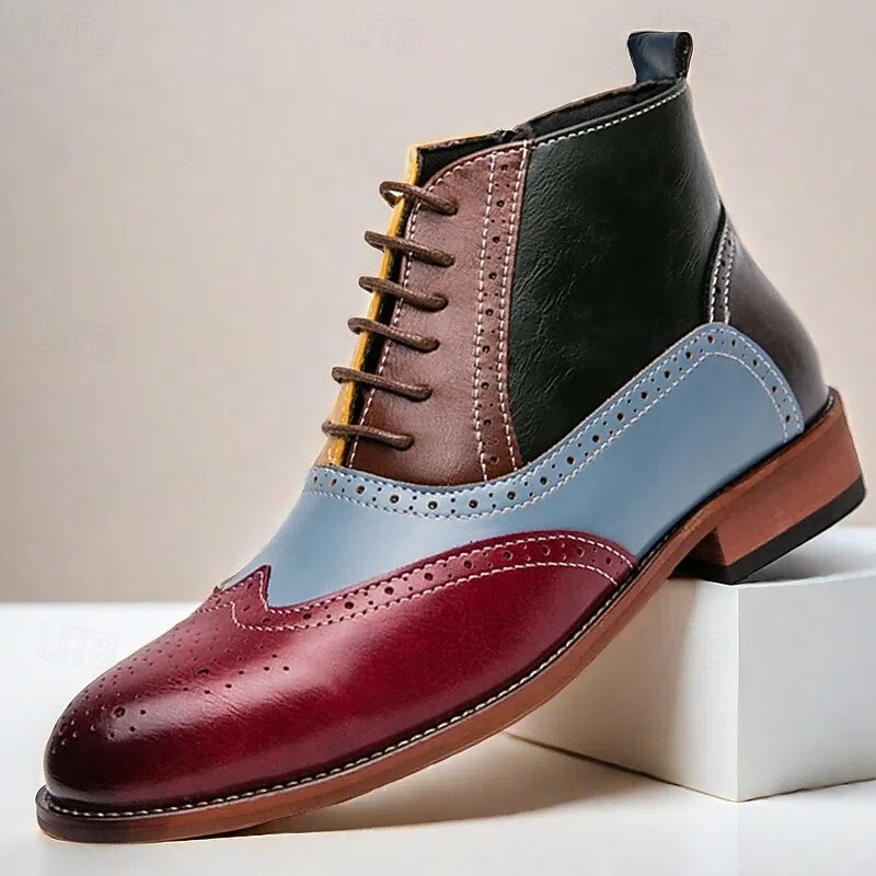 Men's Multicolor Brogue Lace-Up Ankle Boots – Vintage-Inspired Faux Leather Dress Boots with Stylish Color Block Design