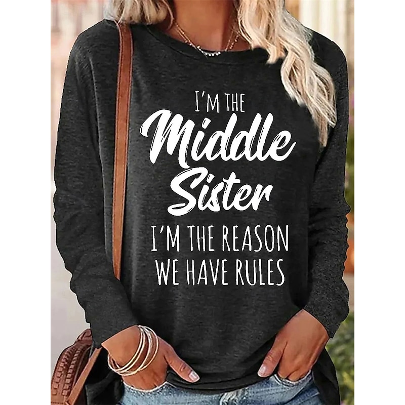 Women's T Shirt Letter Casual Long Sleeve Crew Neck Regular Tops Daily Print Pink Blue Green Gray Spring Fall