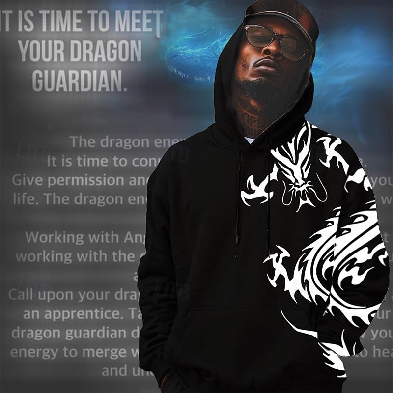 Men's Graphic Dragon Hoodie Hoodies Sweatshirt Fashion Daily Long Sleeve Hooded Vacation Sports Outdoor Holiday Black White Print Front Pocket Spring &  Fall Designer