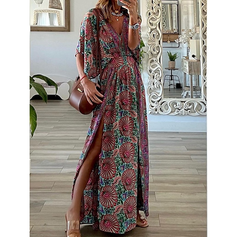 Women's Maxi Dress Casual Dress Swing Dress A Line Dress Boho Dress Casual Daily Regular Fit Floral Half Sleeve V Neck Fuchsia Summer Spring Fall