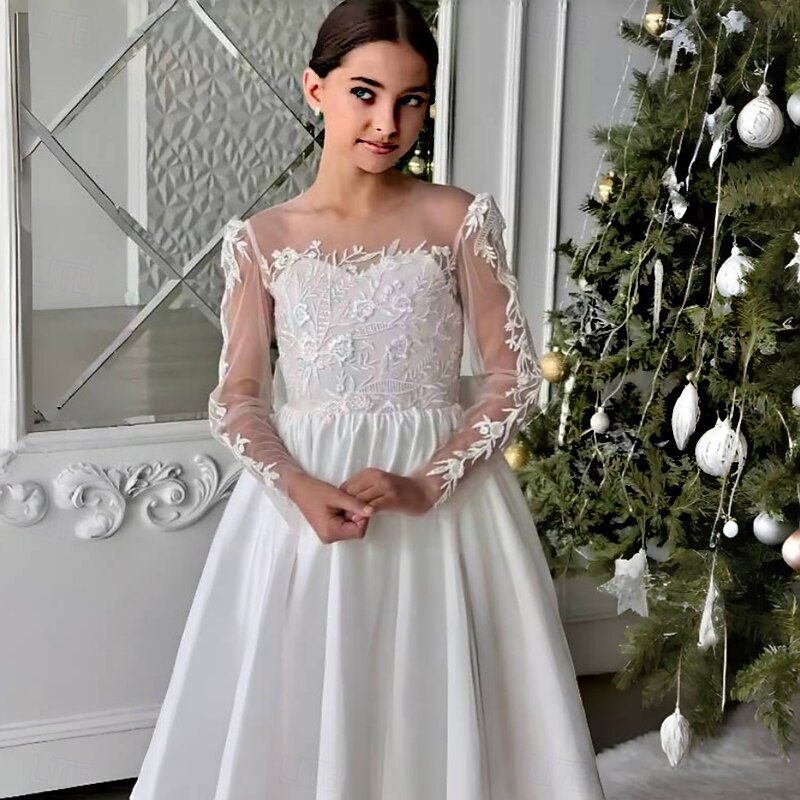 Flower Girl Dress Girls' First Communion Dress Party Dress Performance Wedding Party Princess Sweet Mesh Solid Color Sleeveless Crew Neck White kids2