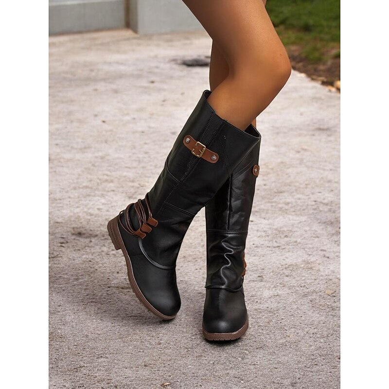 Women's Black Knee-High Riding Boots with Brown Buckle Accents – Stylish Casual Outdoor Boots, Comfortable Low Heel Design for Fall and Winter4