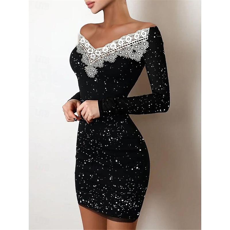 Women's Mini Dress Black Dress Sequin Dress Lace Dress Casual Dress Casual Party Street Regular Fit Plain Long Sleeve Off Shoulder Black Apricot Fall Winter