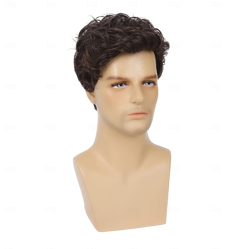 Mens Short Curly Brown Wig Synthetic Halloween Party Cosplay Costume Full Wigs for Men3