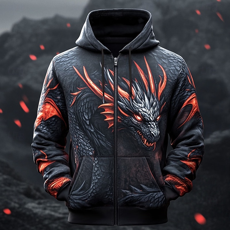 Men's Dragon Hoodies Fashion Cool Long Sleeve Hooded Vacation Going out Streetwear Black Drawstring Zipper Fall Winter Designer