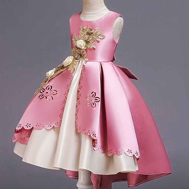 Flower Girl Dress Kid's Girls' Princess Dress Performance Wedding Party Elegant Beautiful Patchwork Floral Sleeveless Crew Neck Wine Red Pink 4 years+3