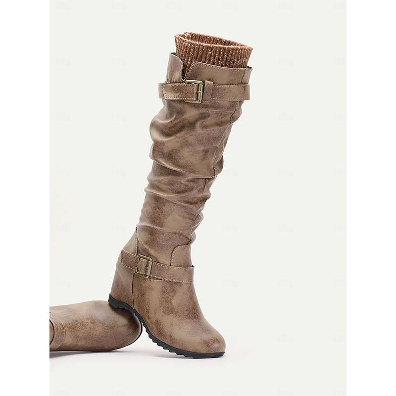 Women's Distressed Tan Slouchy Knee-High Boots with Buckle Straps and Wedge Heel – Cozy Winter Boots with Knit Cuff for Casual Outfits