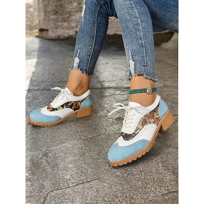Women's Retro Oxford Shoes - Lace-Up Brogue Style with Floral Prints and Color Block Design for Casual Outfits4