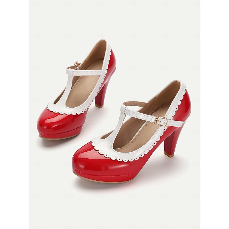 Vintage Red Patent Leather Mary Jane Heels with White Scallop Trim – Women's T-Strap Shoes for Cosplay, Retro Parties, and Special Occasions