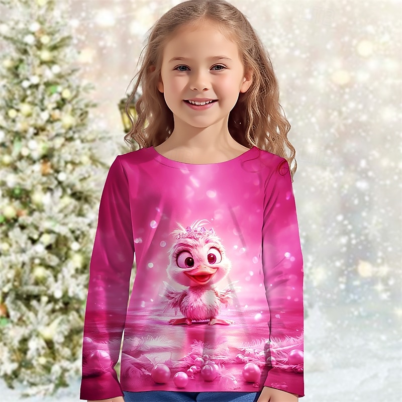 Girls' 3D Graphic Animal Christmas T shirt T shirt Tee Long Sleeve Spring Fall Fashion Basic Kids 4-12 Years Crew Neck Outdoor Casual Daily Regular Fit4
