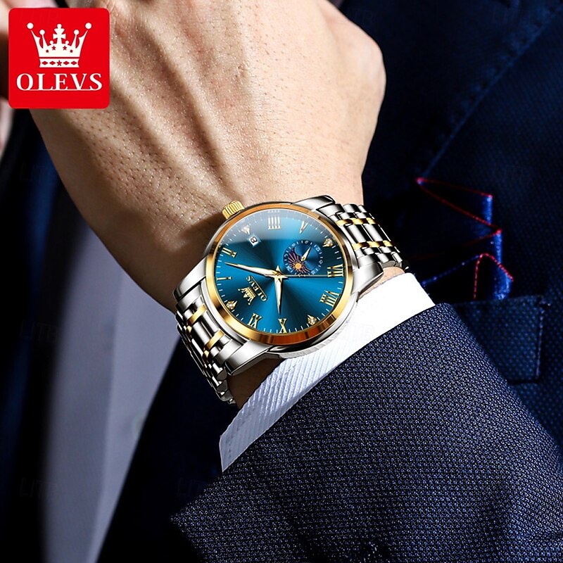 OLEVS Men Quartz Watch Creative Fashion Casual Wristwatch Moon phase Luminous Calendar Waterproof Steel Watch4