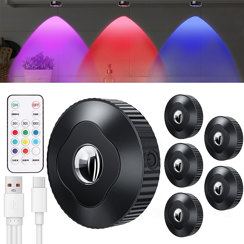 Rechargeable RGB Puck Lights with Remote Control 1200mAh Battery Operated Tap Lights Dimmable Touch Under Cabinet Lighting Wireless Push Lights LED USB Shelf Light