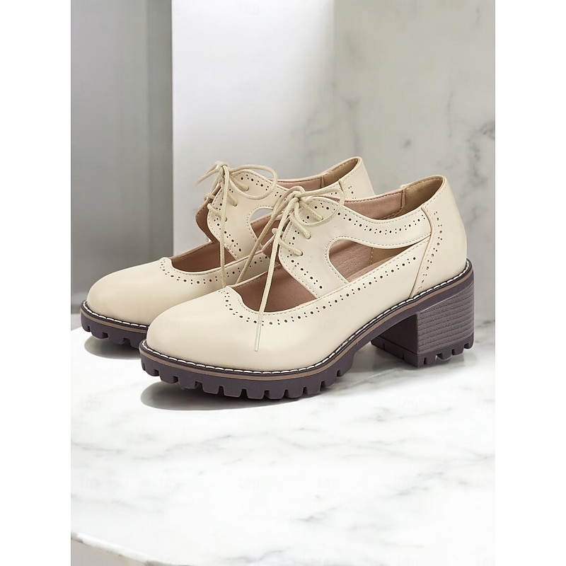 Women's Cream Lace-Up Oxford Shoes with Cut-Out Design and Chunky Sole – Vintage Casual Footwear for Everyday Wear3