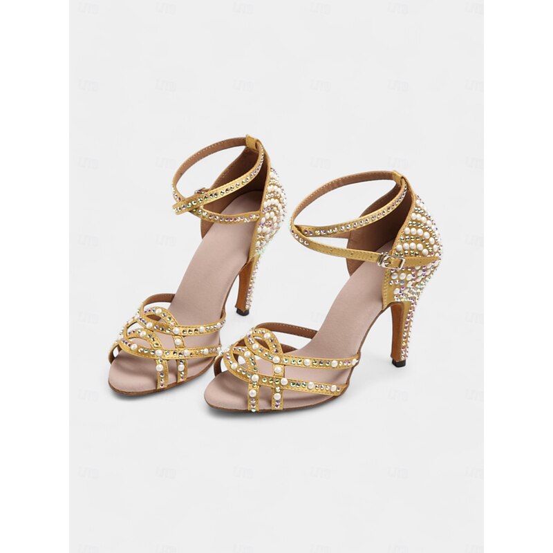 Women's Gold Rhinestone-Embellished Latin Dance Shoes - Open-Toe Heels with Strappy Design for Ballroom, Salsa, and Special Occasions4