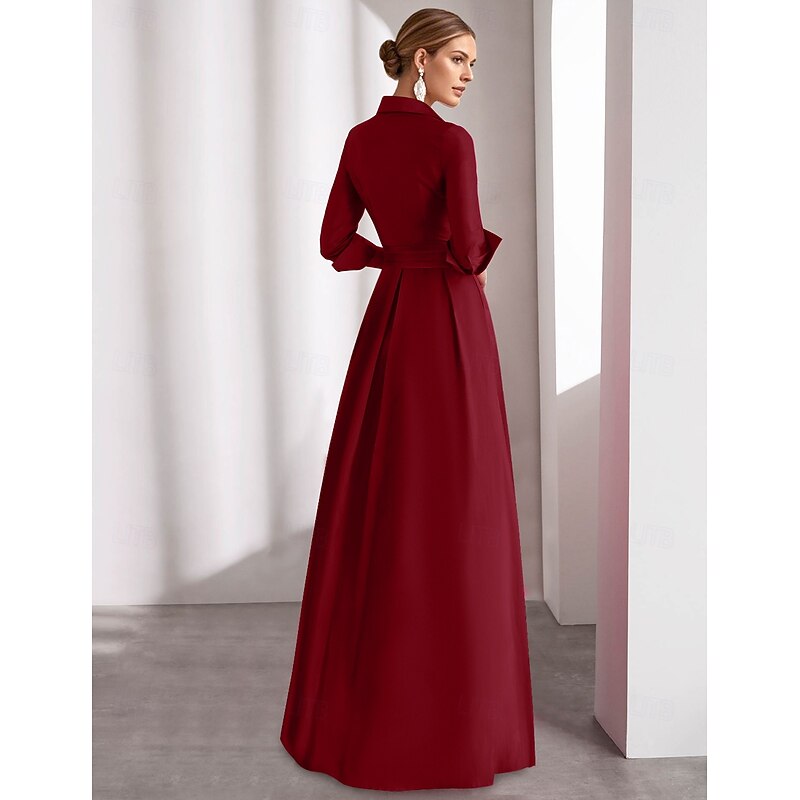 A-Line Mother of the Bride Dress Elegant Vintage V Neck Asymmetrical Satin 3/4 Length Sleeve with Lace Appliques Solid Color3