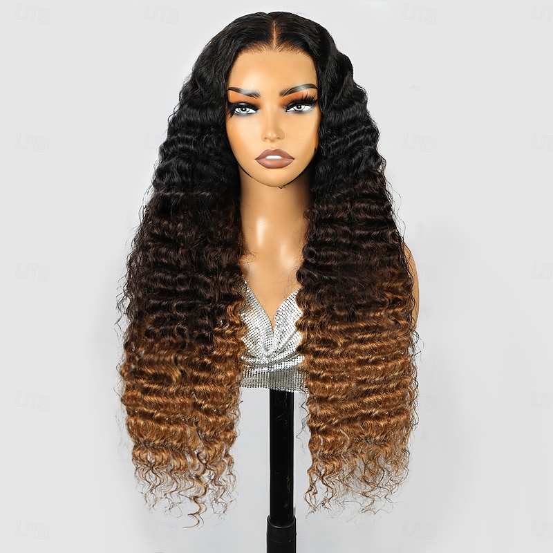 13*4 Front Lace Wig Tricolor 1B/4/30# Curly Wave Human Hair Lace Wig 200% Density