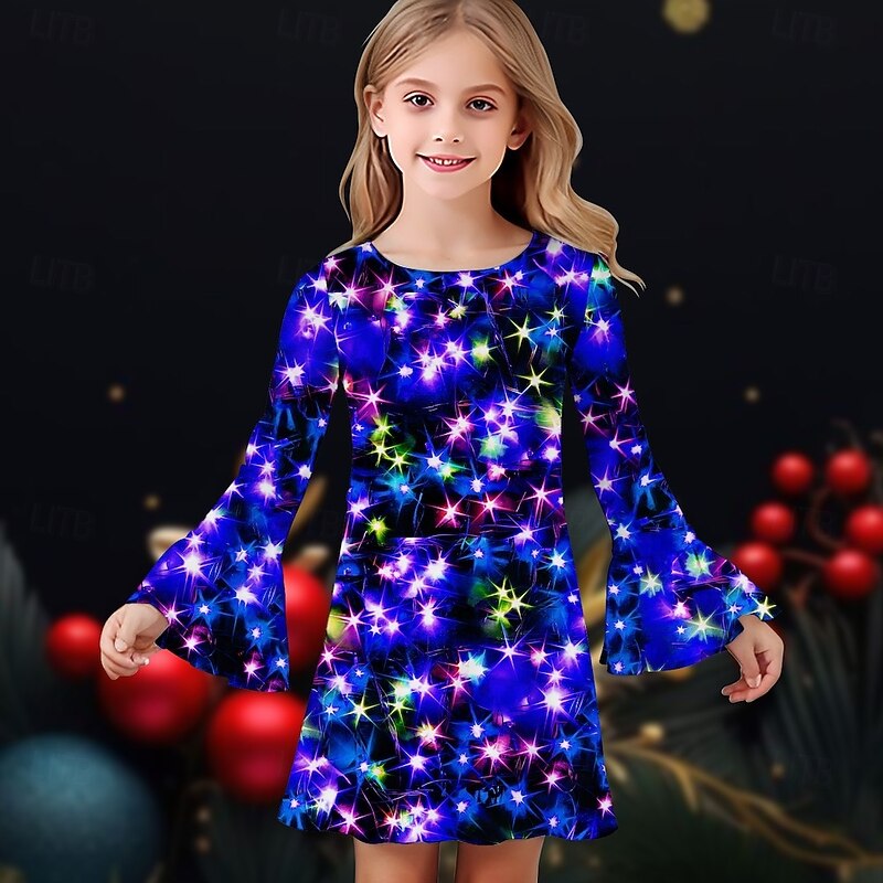 Christmas Girls' 3D Graphic Stars Christmas Dress Dress Ruffle Dress Long Sleeve Summer Spring Daily Holiday Vacation Beautiful Sweet Kids 4-12 Years Casual Dress Knee-length Polyester Regular Fit3