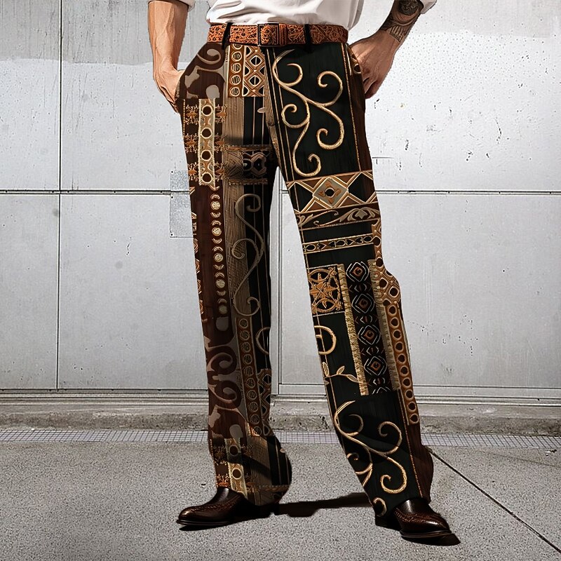 Men's Floral Ethnic Dress Pants Mid Waist Business Casual Formal Wedding Dailywear Zipper Pocket Straight Leg Trousers Summer Spring Fall 3D Print Yellow Blue Purple