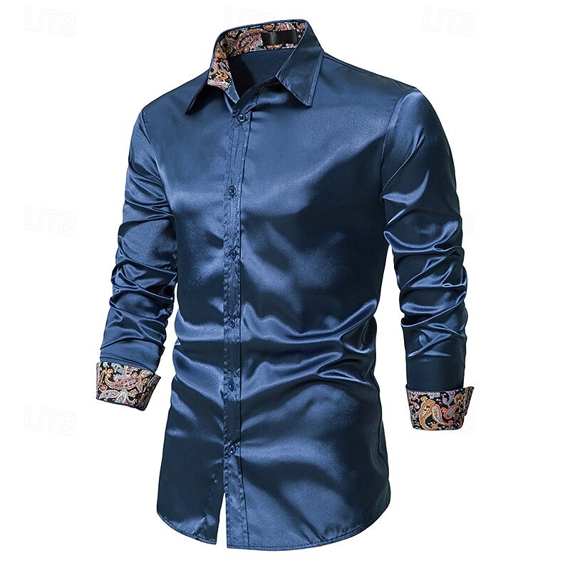 Men's Shirt Satin Shirt Casual Shirt Button Up Shirt Paisley Wedding Vacation Black Champagne Navy Blue Long Sleeve Collar Spring &  Fall Clothing Apparel2