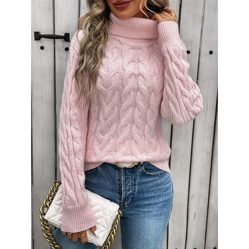 Women's Sweater Casual Soft Pure Color Cable Turtleneck Knitted Long Sleeve Regular Tops Knit Outdoor Daily Weekend Pink Khaki Fall Winter