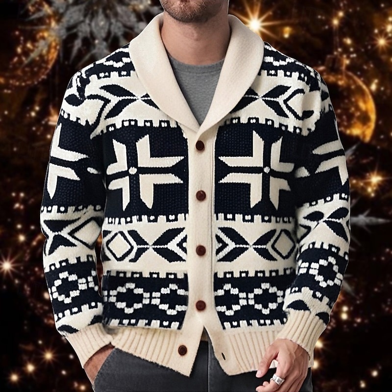 Men's Jacquard Sweater Cardigan Sweater Cropped  Sweater Knit Sweater Ribbed Crochet Knit Regular Knitted Jacquard Plaid / Striped / Chevron / Round Shawl Collar Fashion Classic Daily Wear Date
