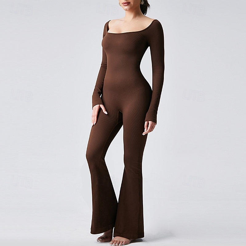 Women's Jumpsuit Workout Jumpsuit Onesie Flare Leg Solid Color Bodysuit Romper Black Coffee Yoga Fitness Gym Workout Breathable Soft Long Sleeve Sport Activewear Stretchy Slim4