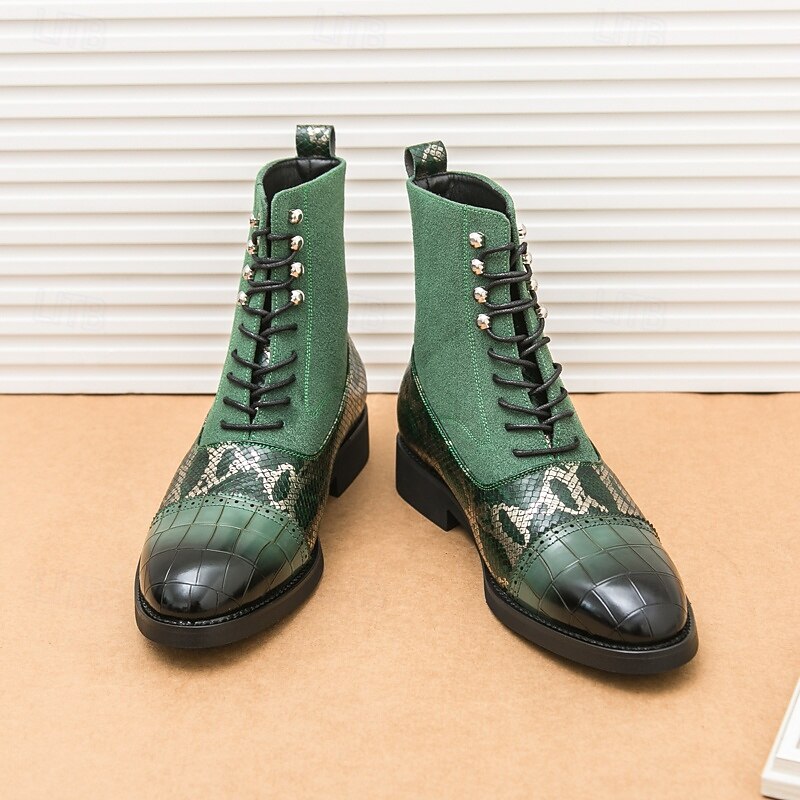 Men's Luxury Green Ankle Boots | Snake Pattern Faux Leather with Crocodile-Embossed Toe and Lace-Up Design3