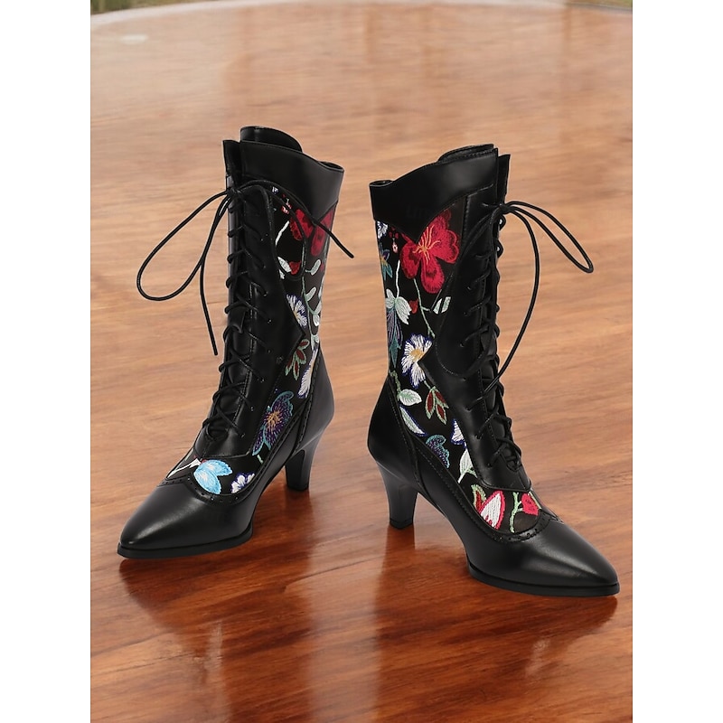 Women's Victorian Floral Embroidered Lace-Up Boots with Pointed Toe and Kitten Heel – Retro Gothic Style for Cosplay, Parties, and Daily Wear2