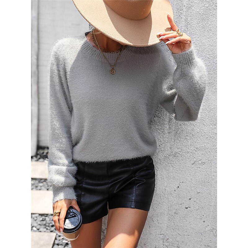 Women's Sweater Casual Soft Pure Color Ribbed Crew Neck Lace Patchwork Knitted Long Sleeve Regular Tops Knit Outdoor Daily Weekend Black White Fall Winter2