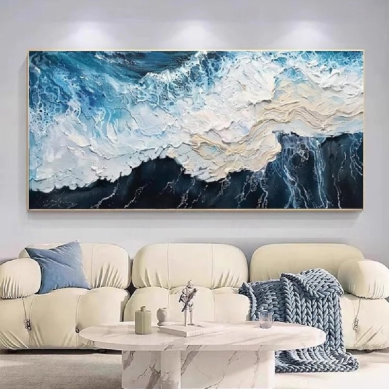 Large Sea Canvas Oil Painting Handmade Blue Sea Landscape Abstract White Wave Painting Textured Sea Painting christmas Gift for Living Room Decor  Beach Painting Textured Wall Art Ocean Wave Painting2