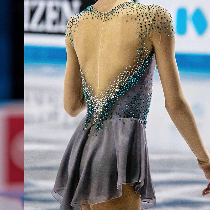 Figure Skating Dress Women's Girls' Ice Skating Dress Dark Gray Mineral Green Patchwork Thumbhole Mesh Spandex Stretchy Training Practice Professional Skating Wear Thermal Warm Crystal / Rhinestone2