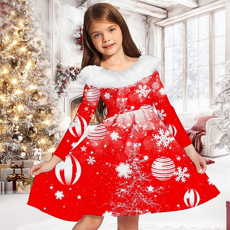 Girls' 3D Graphic Snowflake Dress Long Sleeve Spring Fall Vacation Daily Holiday Beautiful Sweet Kids 4-12 Years Party Dress A Line Dress Knee-length Regular Fit2