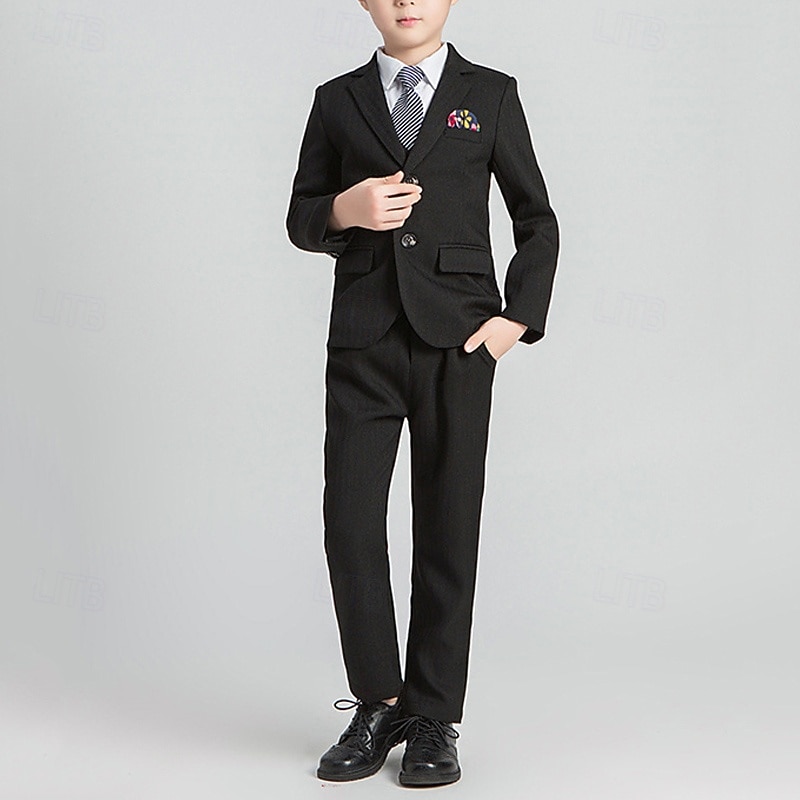 4 Pieces Ring Bearer Suit Boys Kids Suit Formal Suit Blazer & Vest & Pants & Tie Formal Party Valentines Fashion Cool Stripe Pocket Black Gray Polyester3
