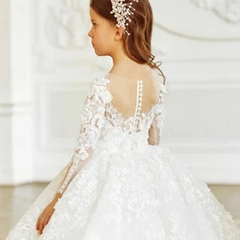 Kids Girls' Flower Girl Dress Dress First Communion Dress Solid Color Long Sleeve Formal Performance Wedding Mesh Elegant Princess Mesh Lace Full-Length Sheath Dress Tulle Dress Summer Spring Fall4