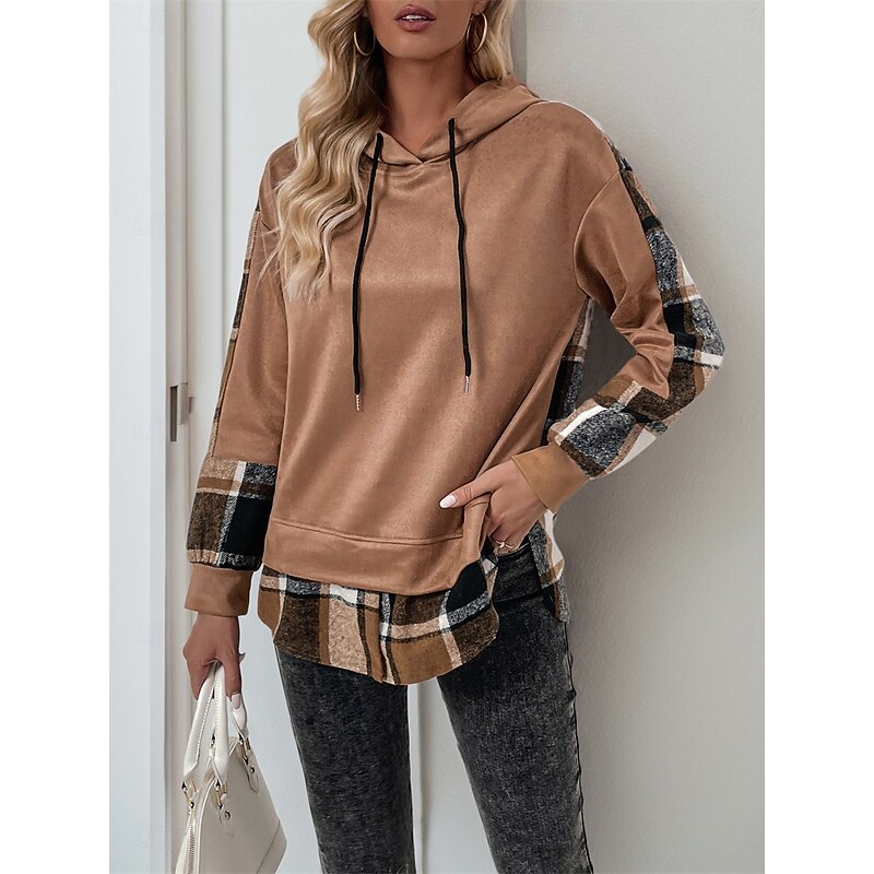 Women's Hoodie Sweatshirt Casual Plaid Street Dailywear Hoodie Patchwork Print Long Sleeve Brown Fall Winter2