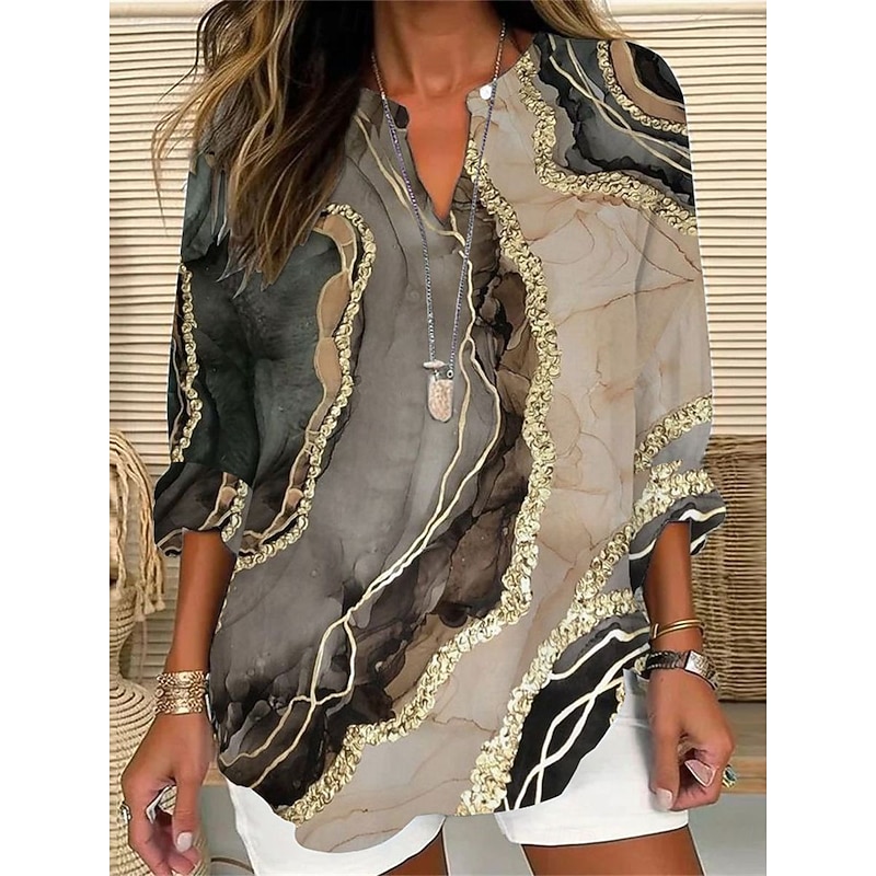 Women's Shirt Blouse Graphic Marble Casual Long Sleeve Notched Neck Regular Tops Daily Print Wine Blue Khaki Fall Winter