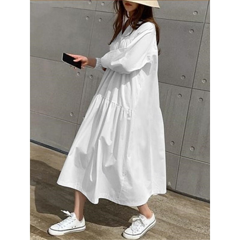 Women's Casual Dress Maxi Dress Ruffle Hem Casual Split Neck Long Sleeve Black White Khaki Color3