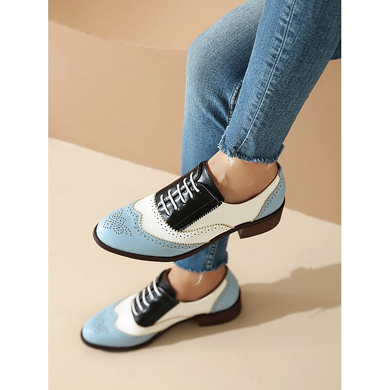 Women's Tri-Color Brogue Oxford Shoes with Wingtip Design and Low Heel - Vintage Formal Footwear for Office and Special Occasions 18