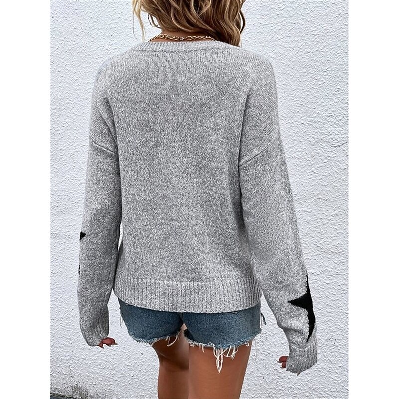 Women's Sweater Casual Soft Star Ribbed Crew Neck Knitted Long Sleeve Regular Tops Knit Outdoor Daily Weekend Gray Fall Winter2
