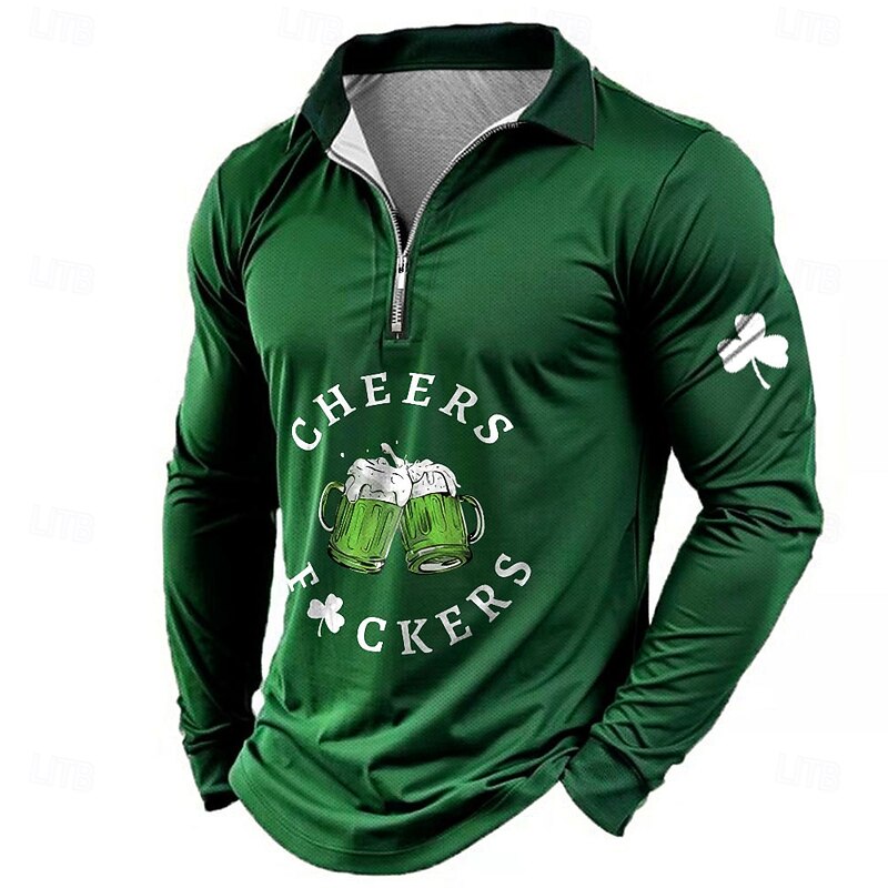 Men's Letter Printed Oktoberfest Beer Zip Polo Shirts Golf Shirt Long Sleeve Polo Shirts Collared Shirts Vintage Casual Outdoor Street Dailywear 3D Print Quarter Zip Polo Spring Fall & Winter Black